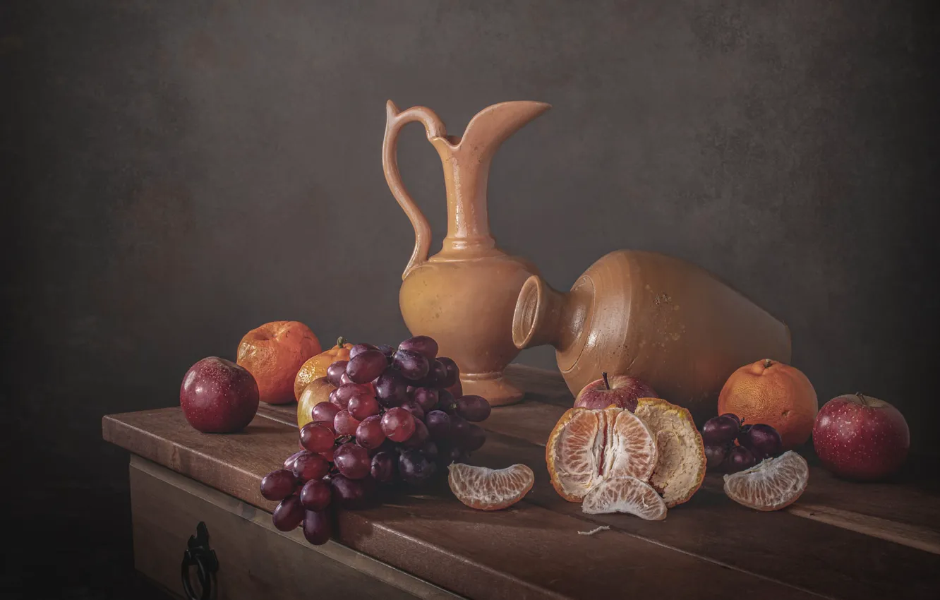 Фото обои яблоки, еда, виноград, фрукты, натюрморт, дольки, композиция, мандарины