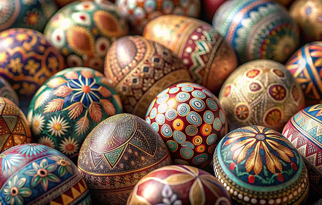 Фото обои праздник, узор, яйца, весна, Пасха, орнамент, роспись, крашеные