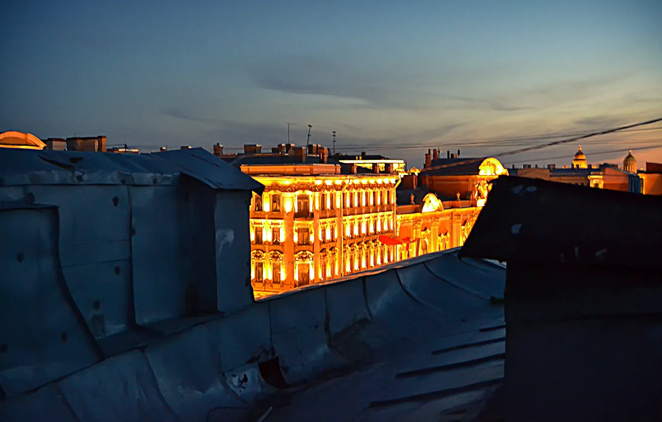 Фото обои Огни, Город, Санкт-Петербург, Крыша, Невский проспект