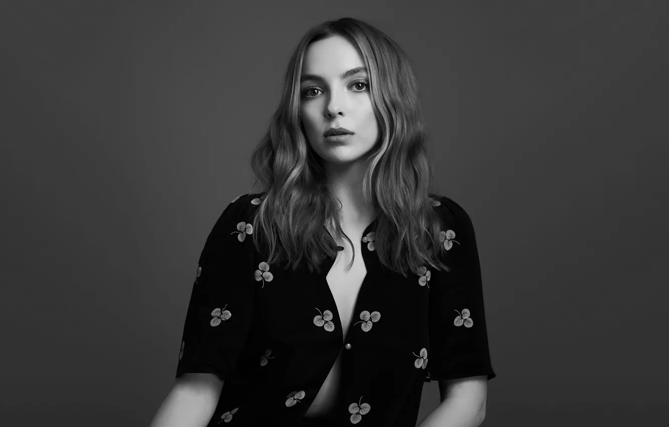 Фото обои взгляд, макияж, актриса, черно белое, декольте, рубашка, Jodie Comer, Джоди Комер