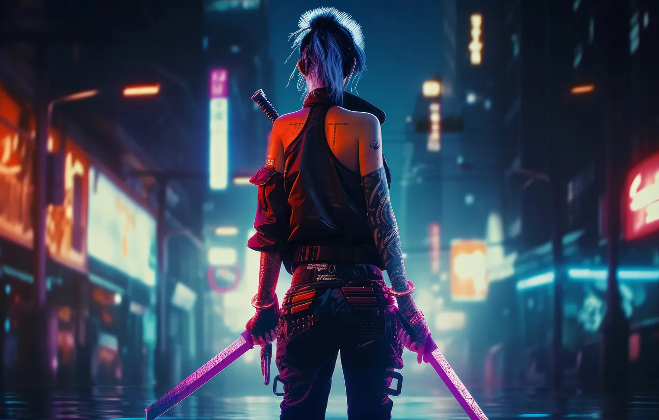 Фото обои city, ponytail, katana, street, neon, cyberpunk, women, AI art