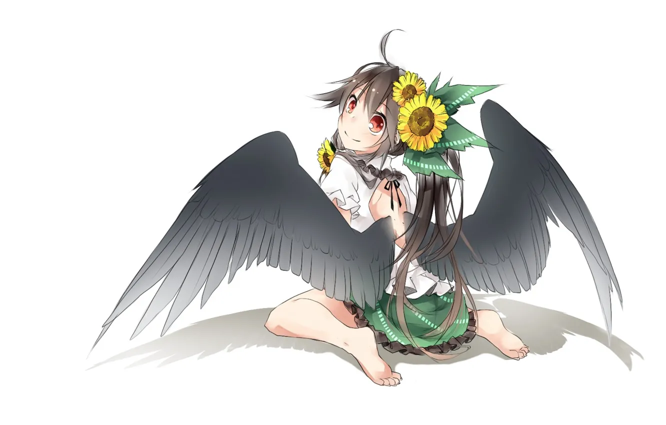 Фото обои подсолнухи, спина, тень, белый фон, сидит, touhou, art, босая