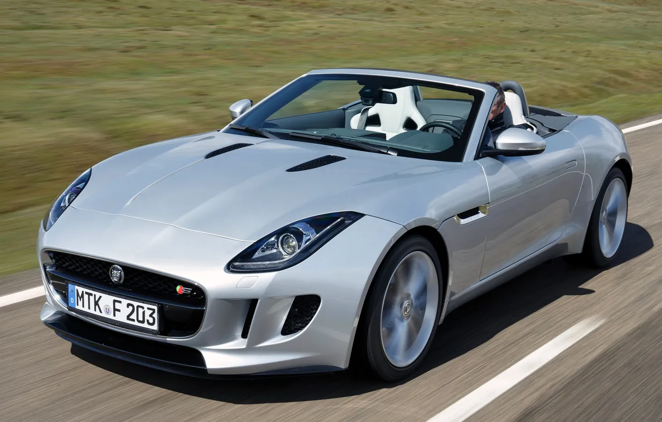 Фото обои фары, скорость, Jaguar, серебристый, ягуар, передок, F-Type