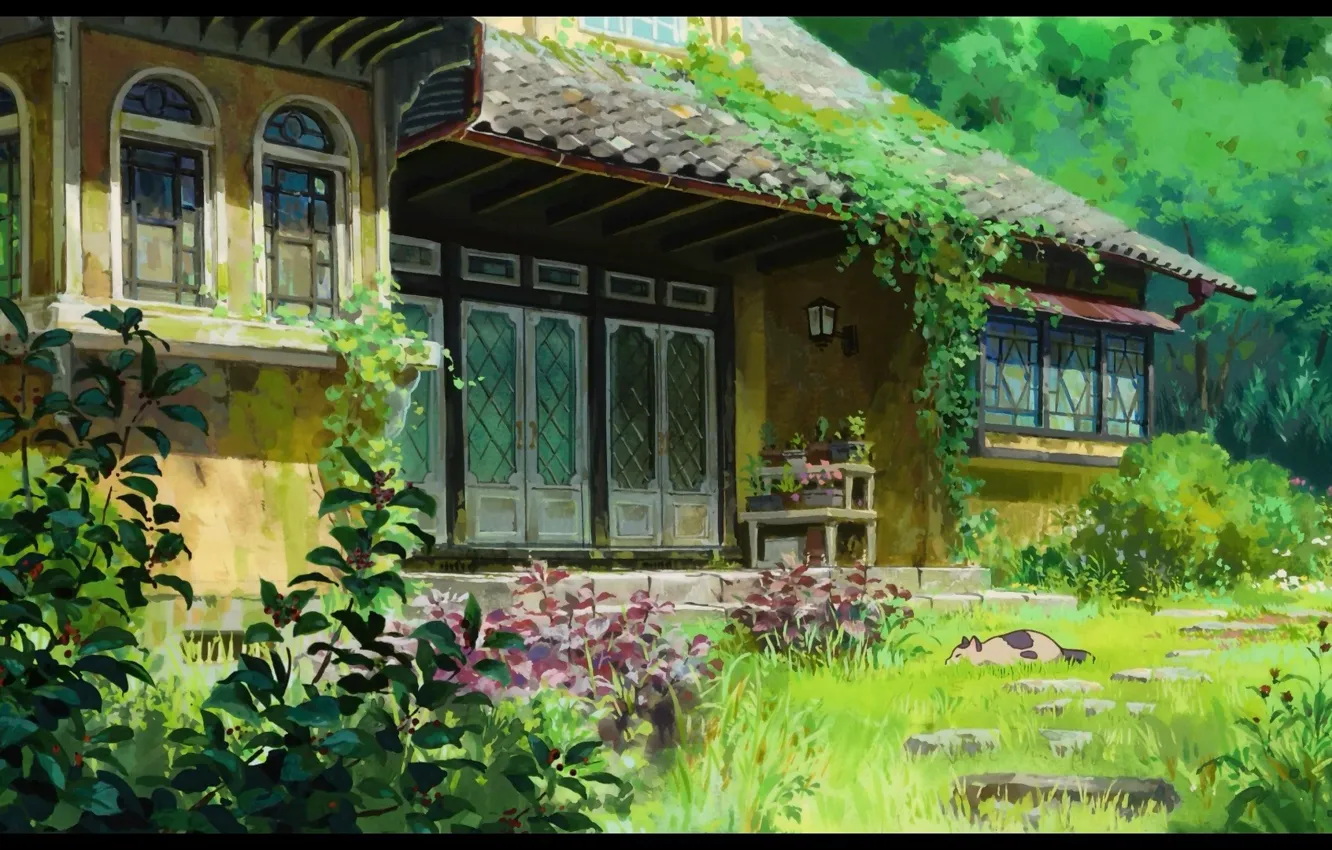 Фото обои зелень, кошка, листья, дом, растения, Хаяо Миядзаки, Ариэтти из страны лилипутов