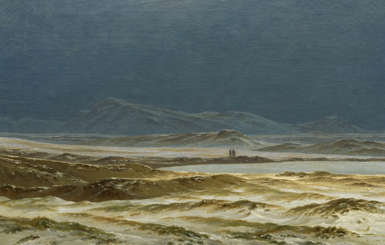 Фото обои горы, озеро, картина, Каспар Давид Фридрих, Северный Пейзаж. Весна
