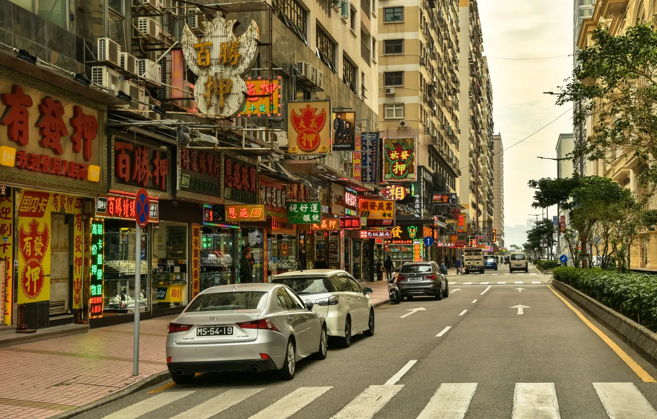 Фото обои дорога, машины, улица, дома, Китай, Macao
