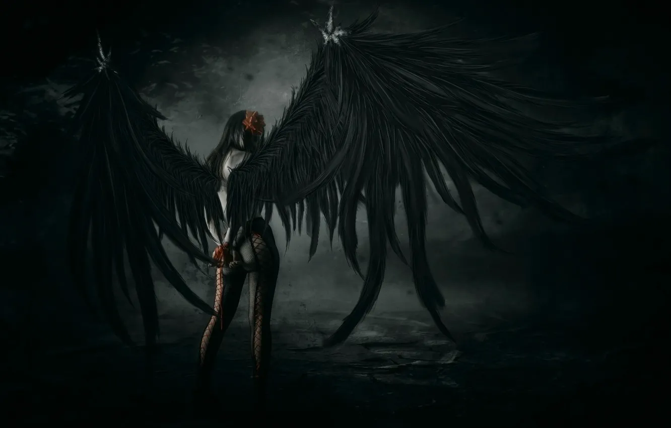 Фото обои пустота, тьма, падший ангел, черные крылья, проклятое место