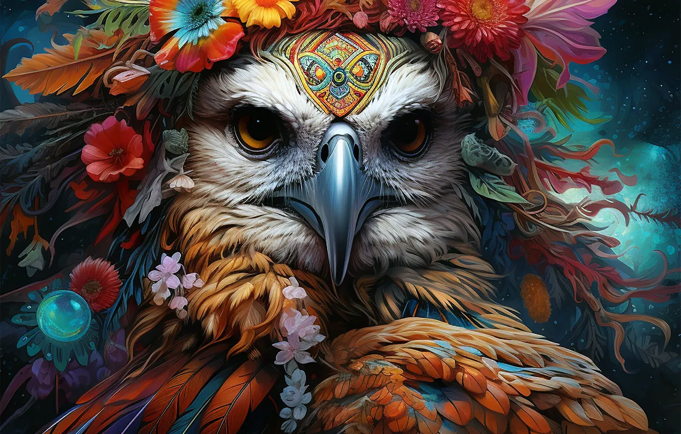 Фото обои взгляд, листья, украшения, цветы, птица, орел, портрет, перья