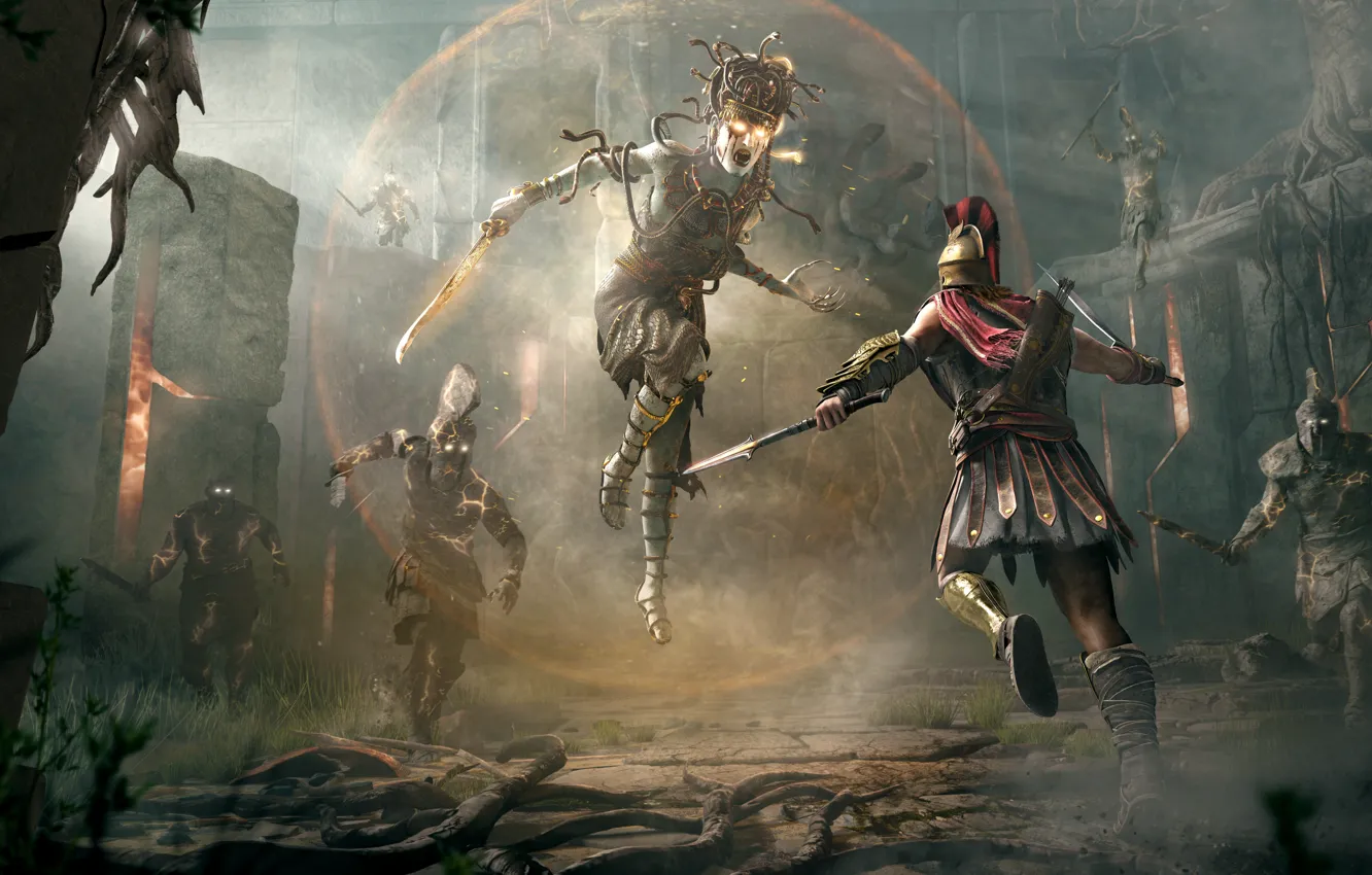 Фото обои солдаты, Assassins creed, Medusa, ассасин, стража, Artwork, Горгона Медуза, Assassin's Creed Odyssey
