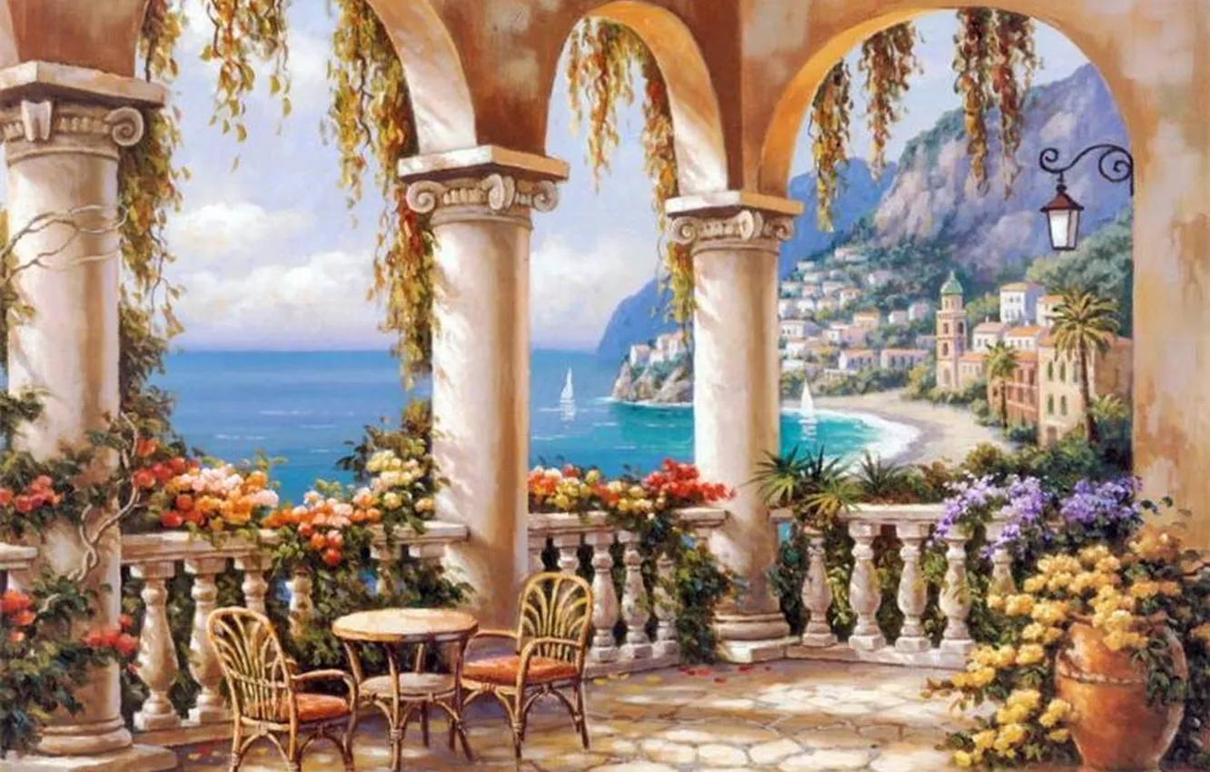 Фото обои море, цветы, город, картина, колонны, живопись, терраса, painting