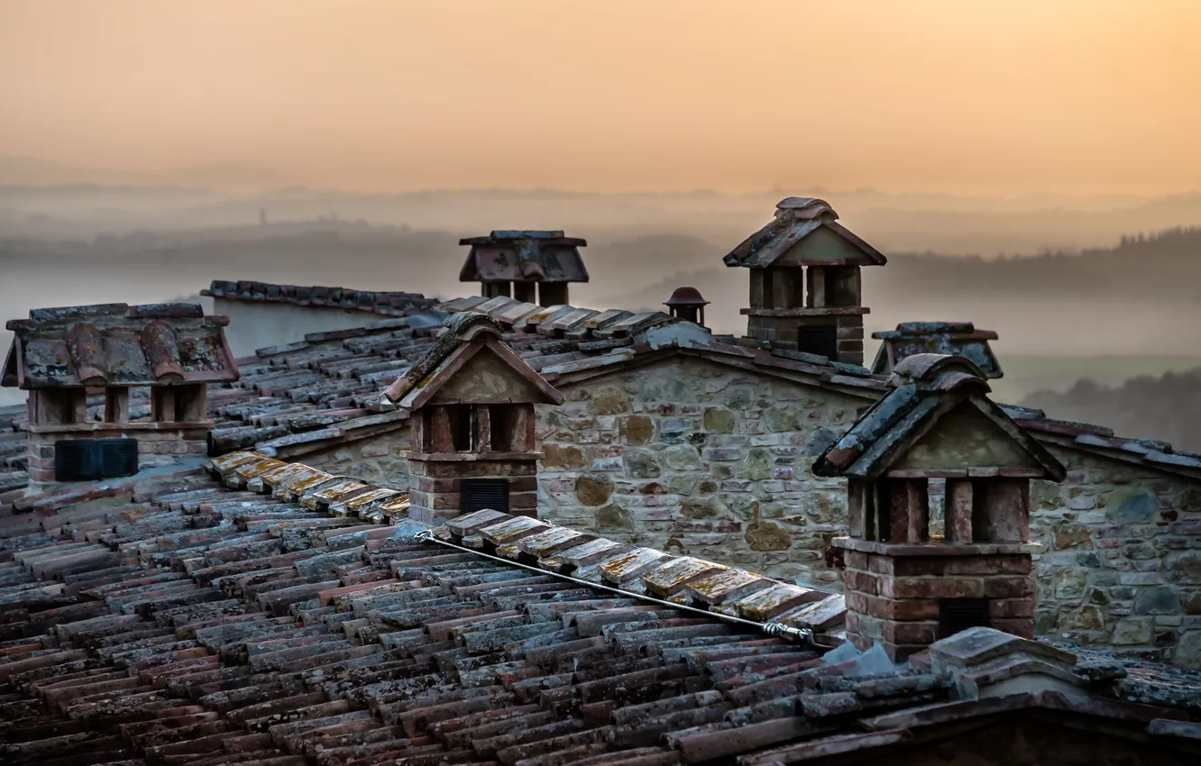 Фото обои крыша, туман, дом