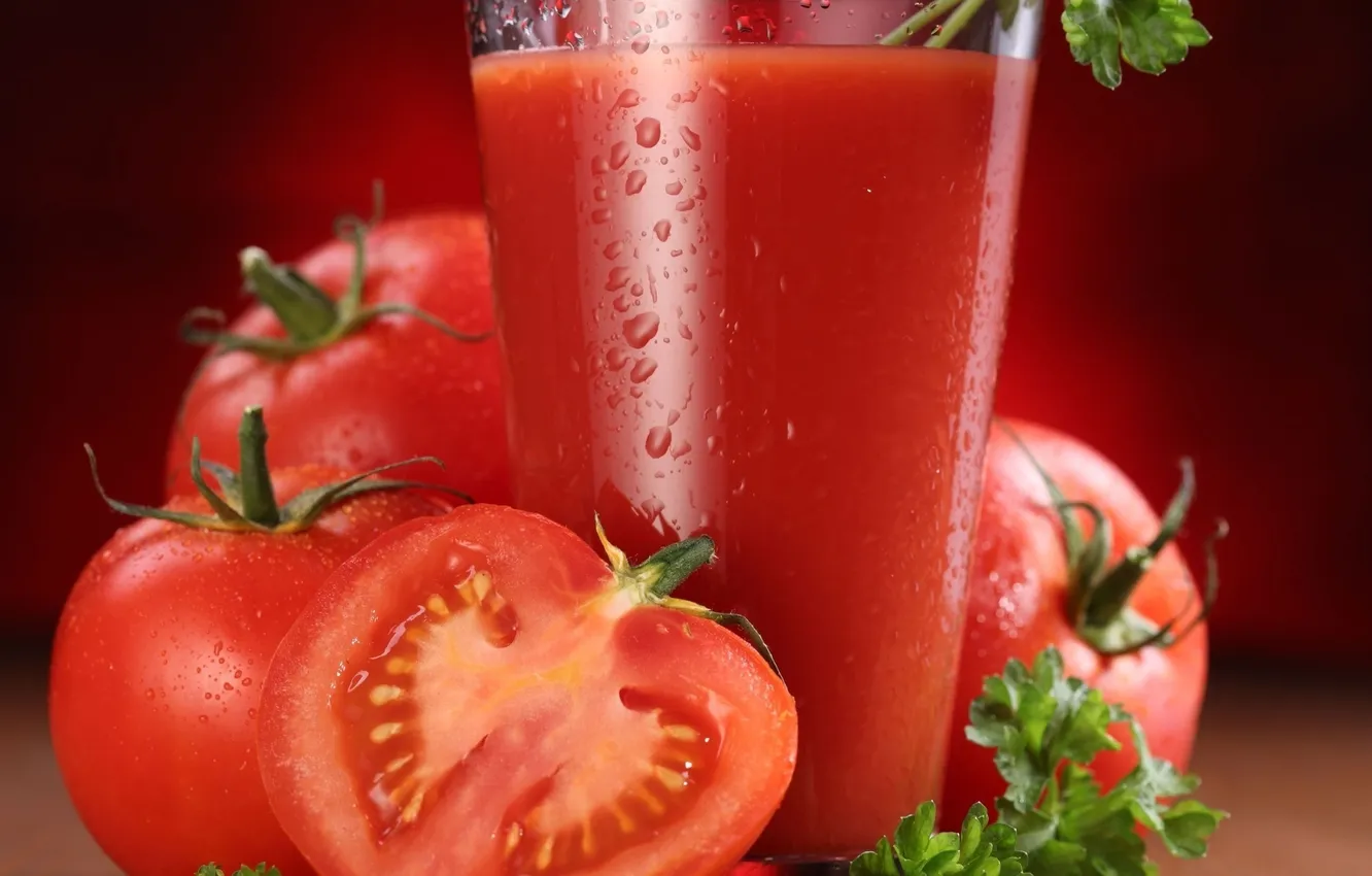 Фото обои стакан, помидоры, петрушка, томаты, томатный сок