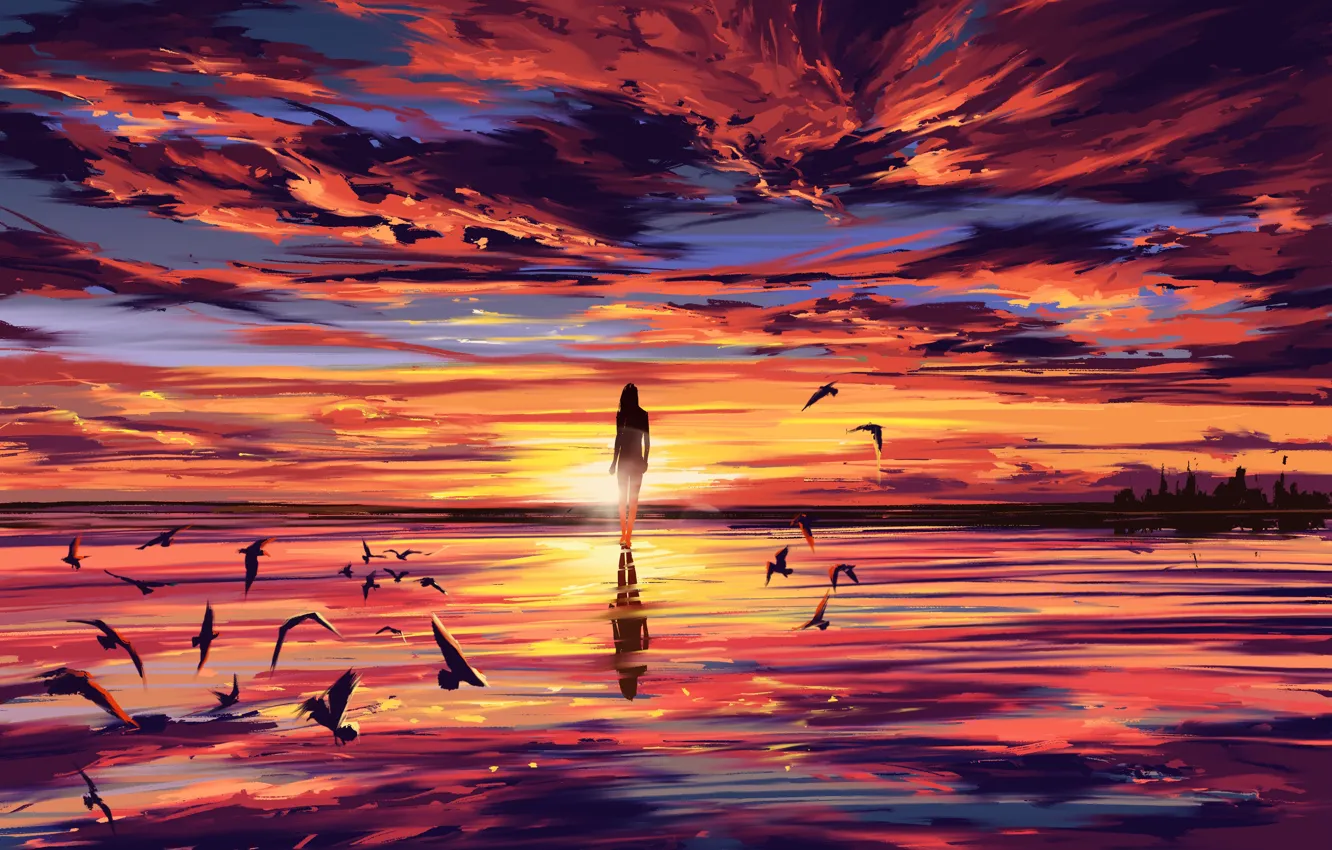 Фото обои море, девушка, закат, птицы