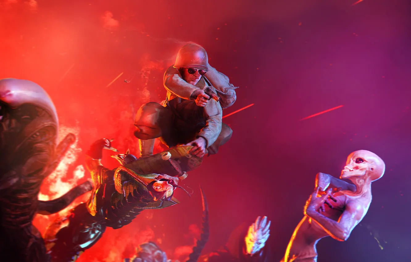 Фото обои пистолет, существо, убийство, скейт, E.Ts get out ree