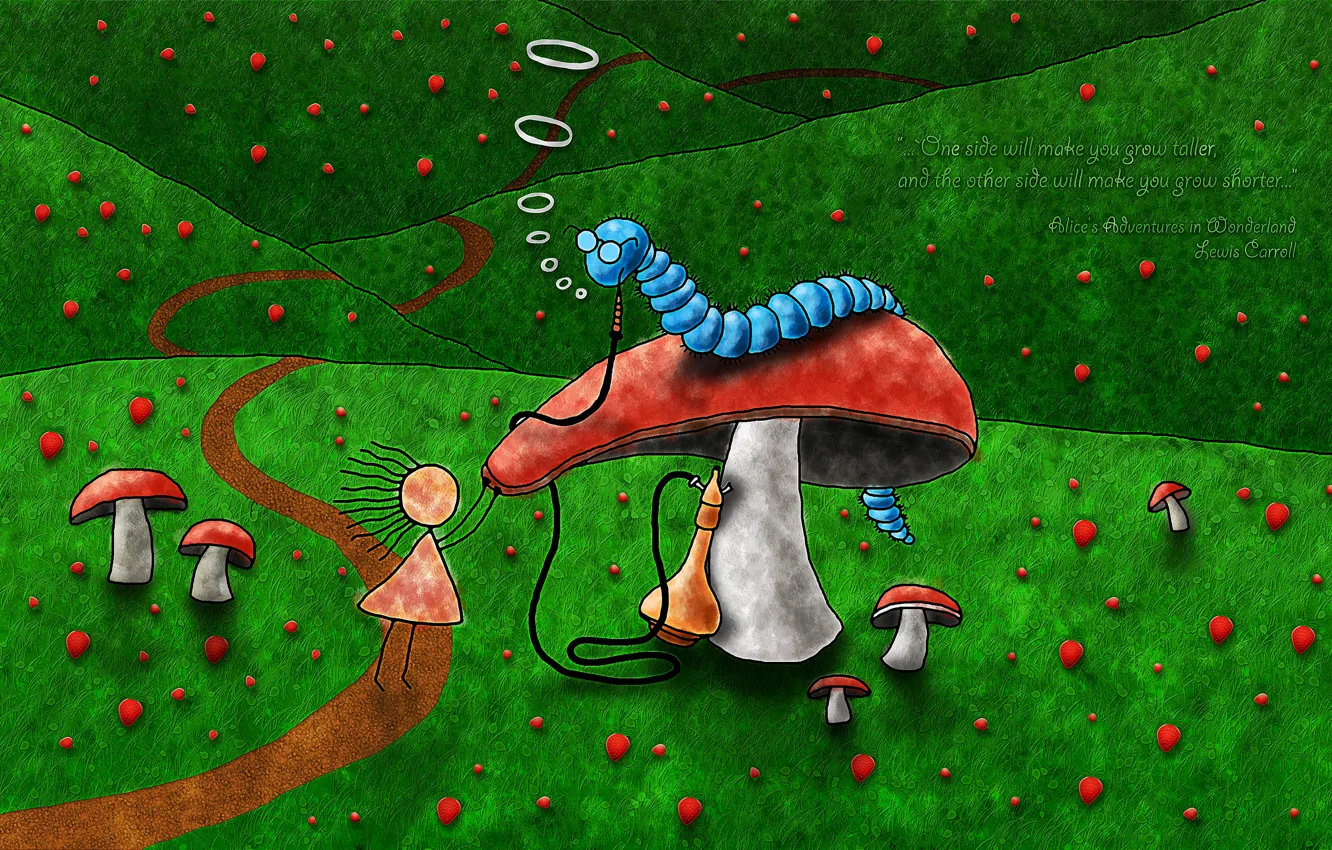 Фото обои гусеница, грибы, тропа, Алиса