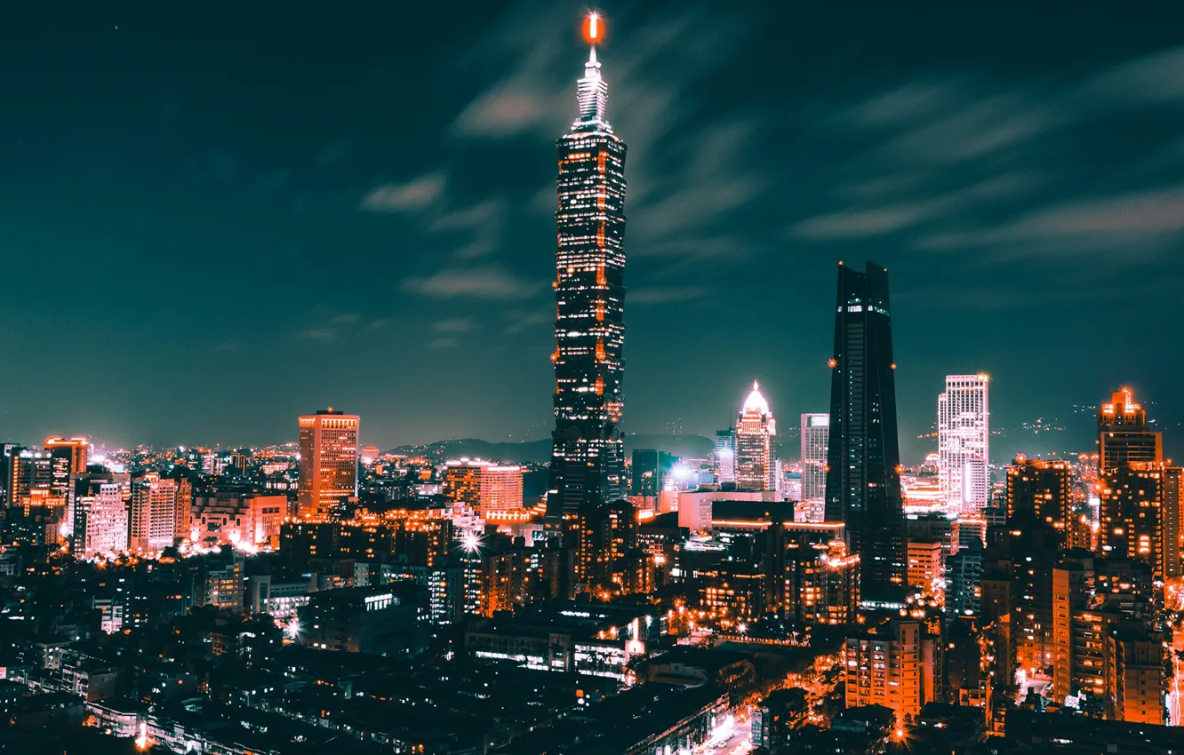 Фото обои ночь, огни, дома, небоскребы, Китай, Тайвань, Тайбэй, Taipei