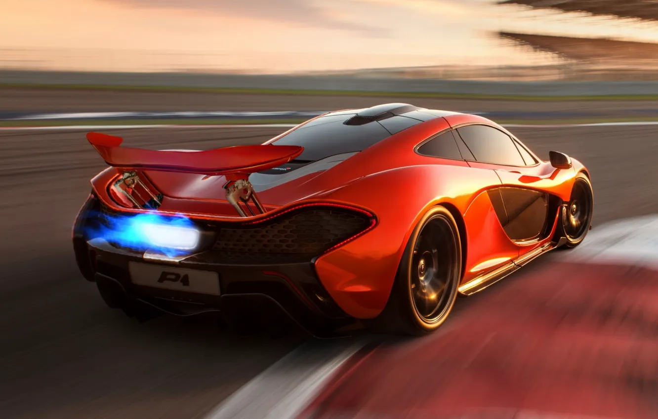 Фото обои Concept, оранжевый, McLaren, концепт, суперкар, вид сзади, МакЛарен, пламя.гоночный трек