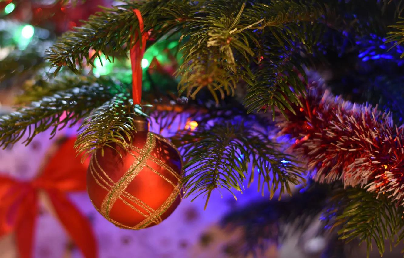 Фото обои шарик, Рождество, Новый год, еловые ветки