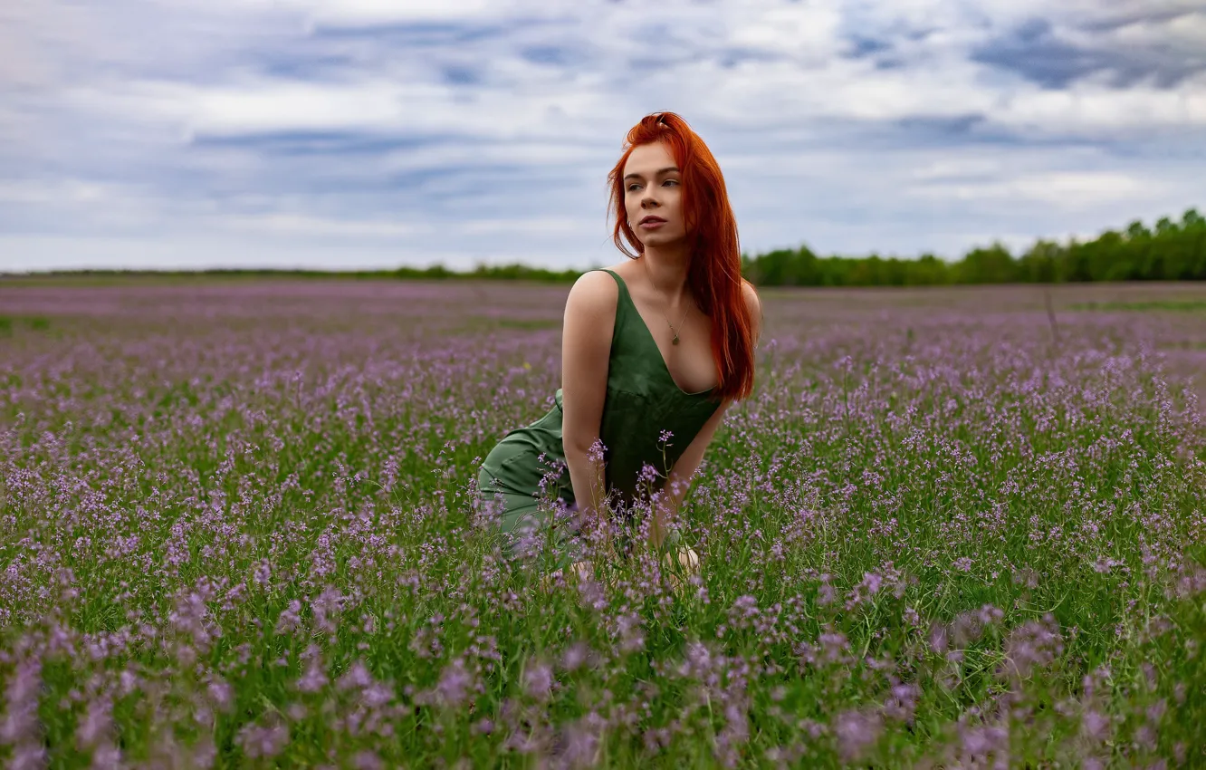 Фото обои grass, sky, trees, nature, flowers, clouds, model, women