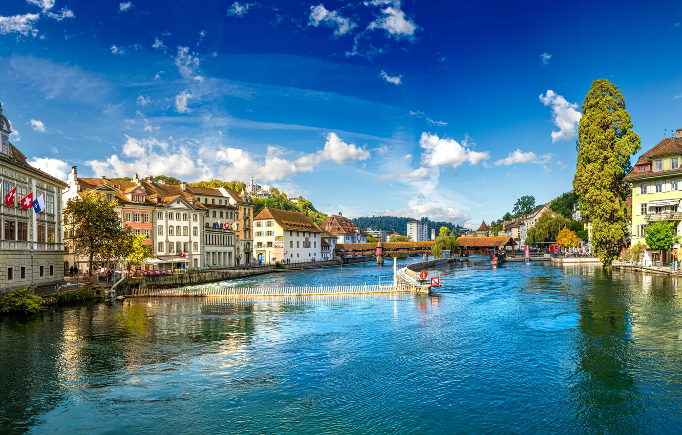Фото обои Дома, Город, Швейцария, Панорама, Реки, Luzern