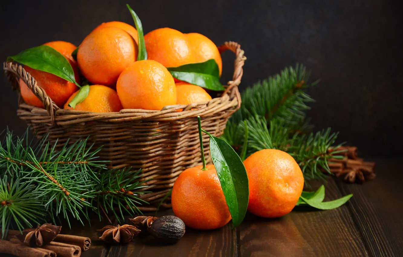 Фото обои украшения, Новый Год, Рождество, Christmas, wood, fruit, New Year, мандарины