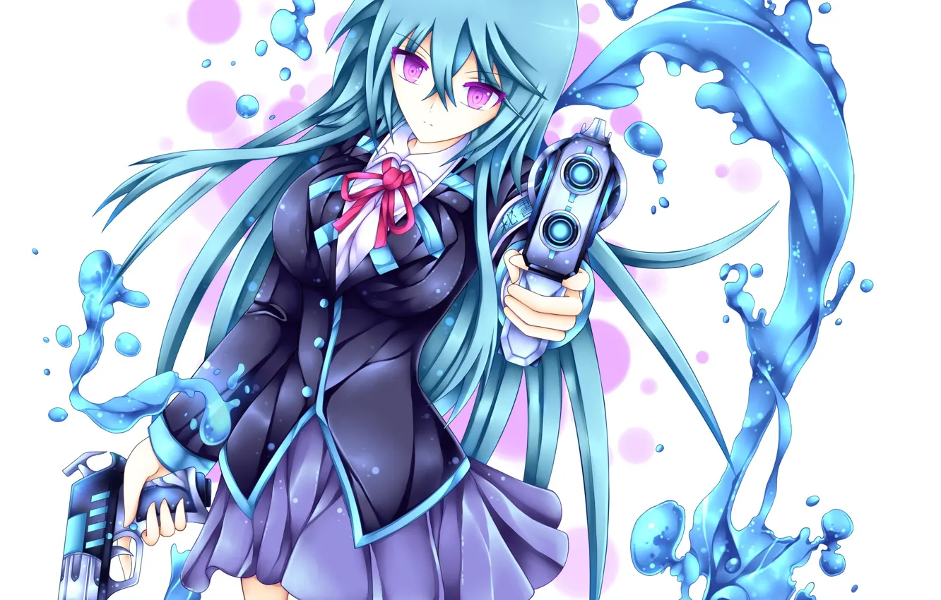 Фото обои вода, девушка, капли, оружие, пистолеты, аниме, арт, школьница