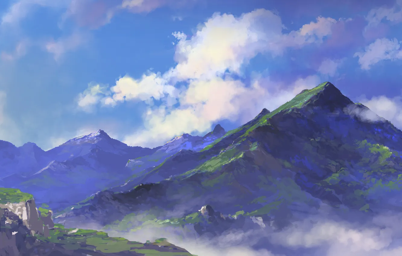 Фото обои зелень, облака, горы, природа, вершины, арт