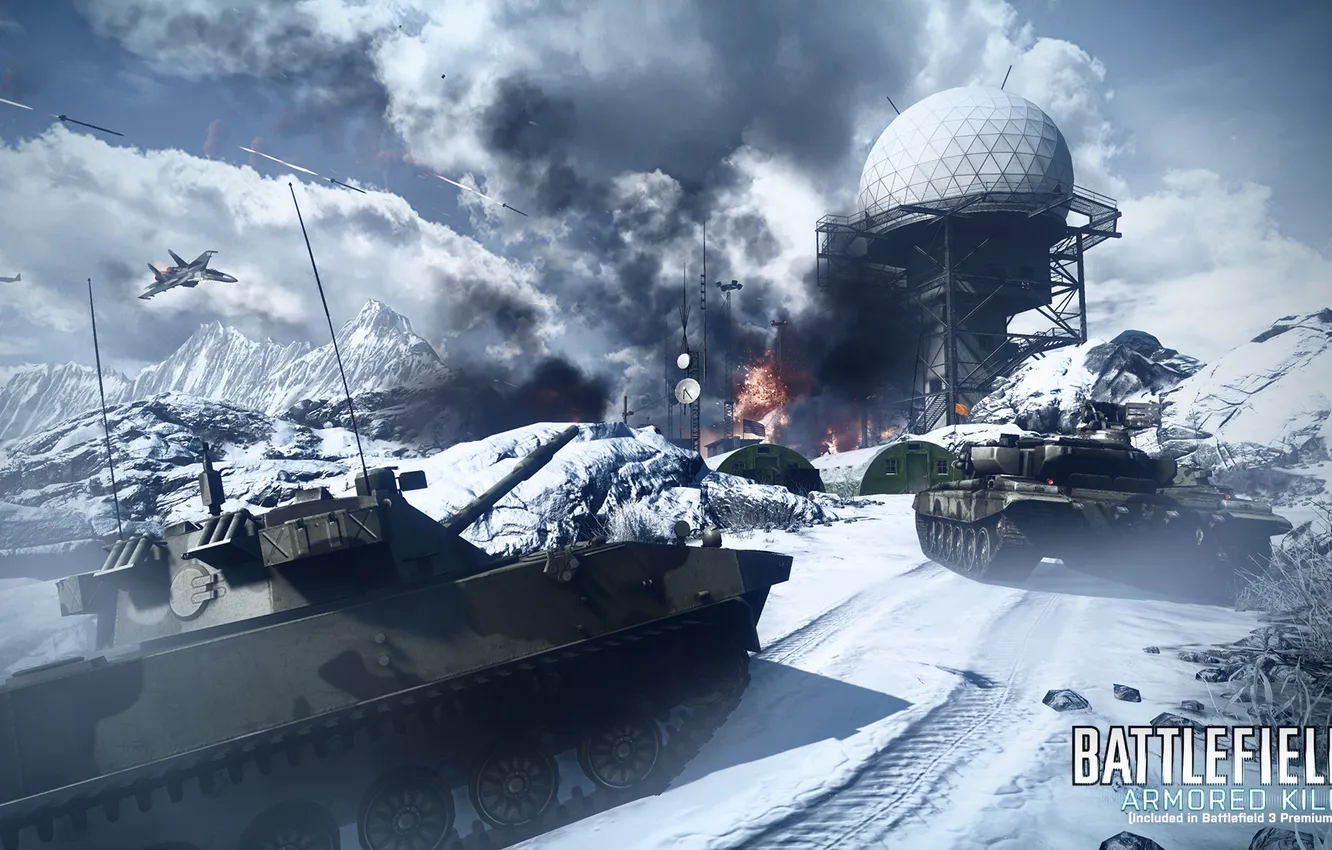 Фото обои зима, авиация, горы, танки, Battlefield 3, premium, armored kill
