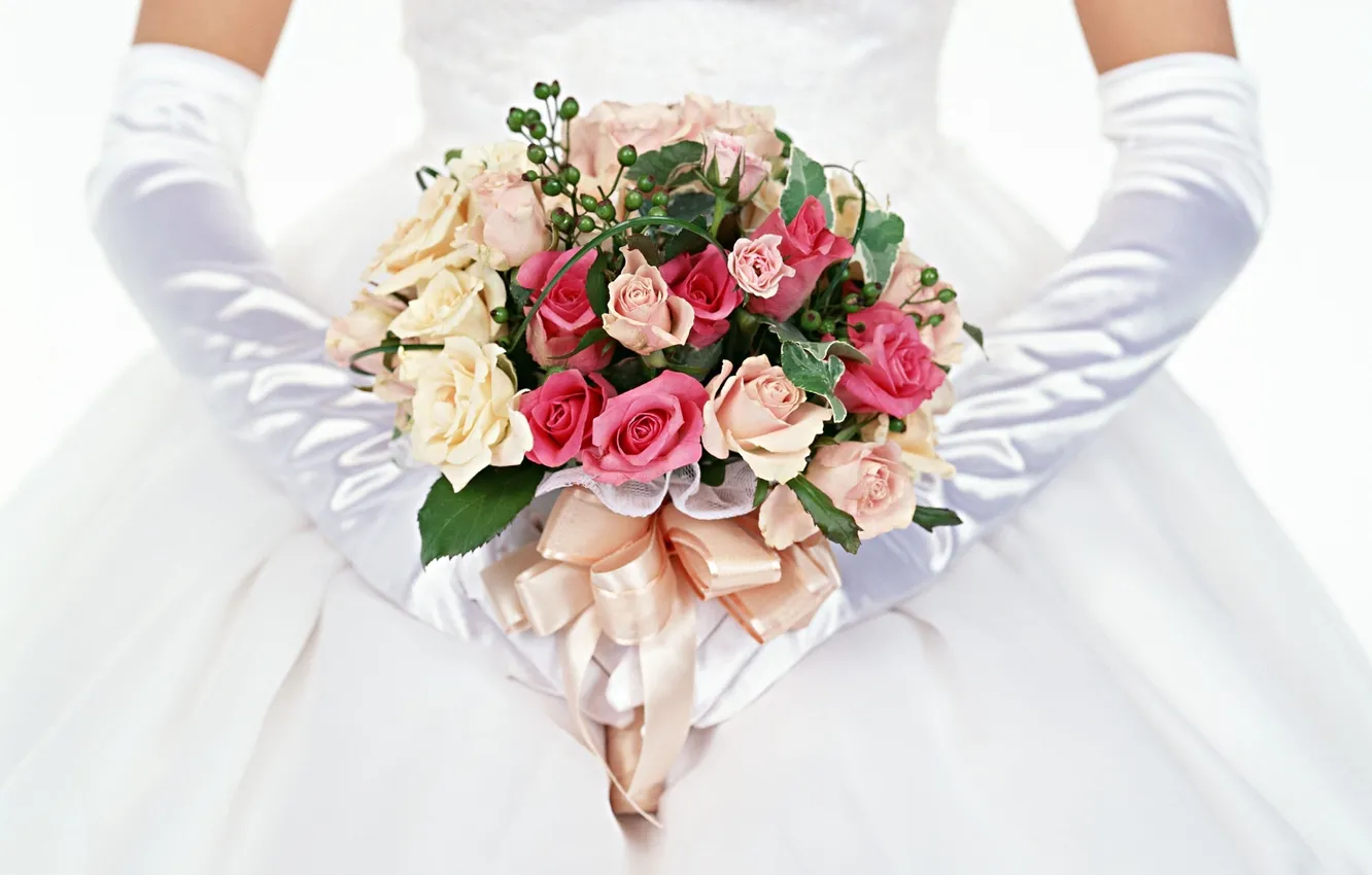 Фото обои розы, букет, перчатки, невеста