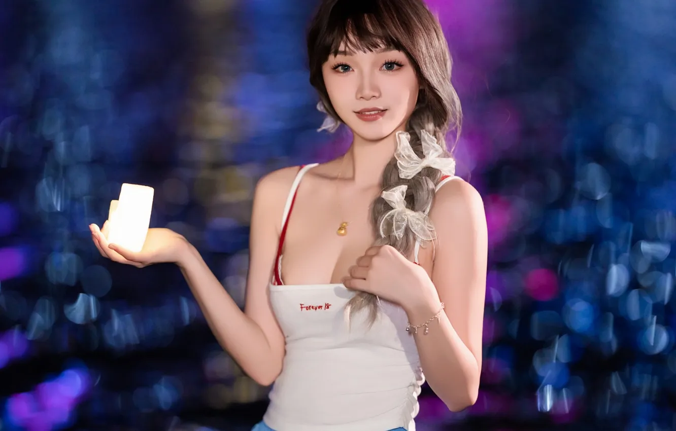 Фото обои Beautiful, Asian, Model, Water, Smile, Night, Woman, River