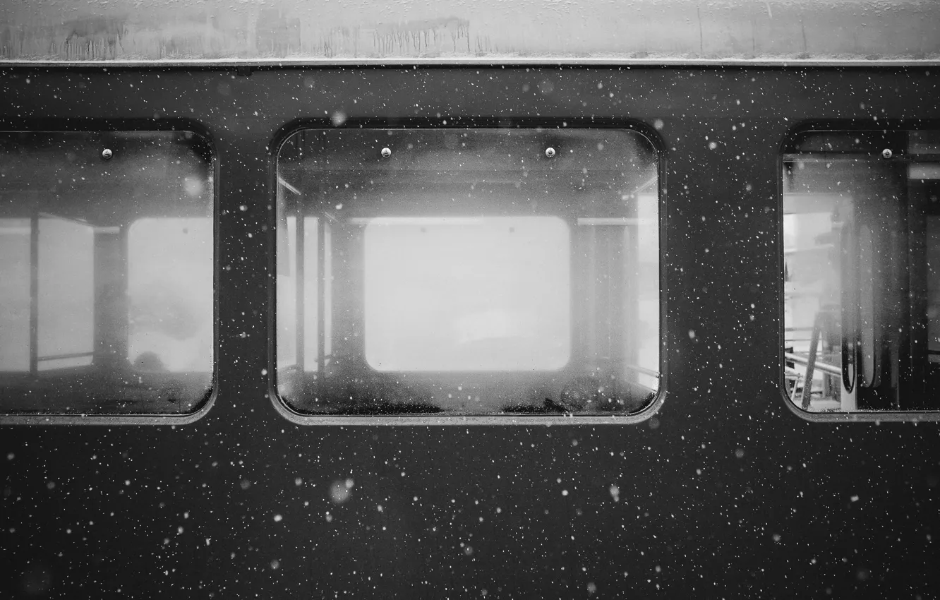 Фото обои windows, snow, train, black and white, wagon, freeze, cold, b/w