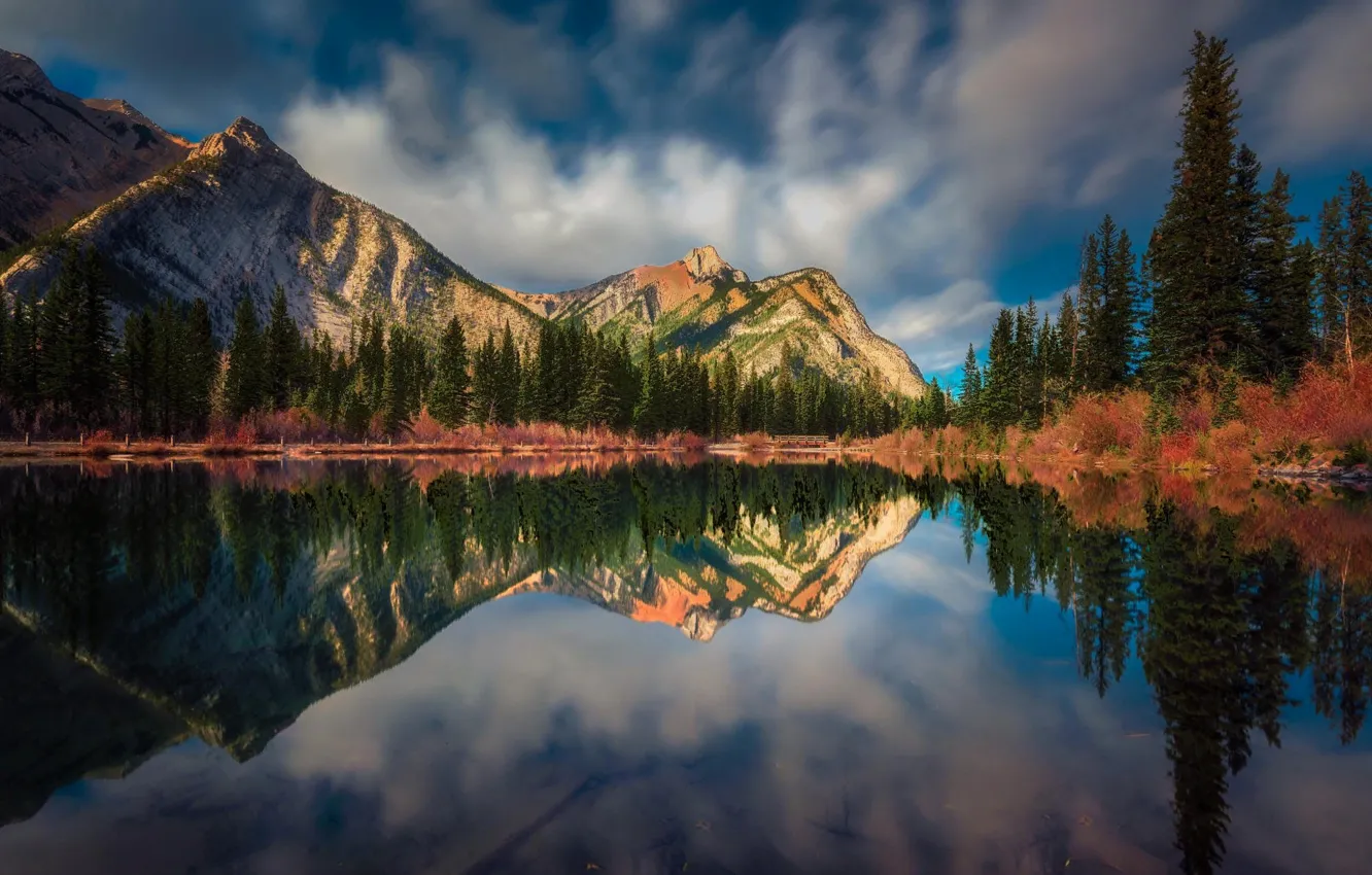 Фото обои деревья, пейзаж, горы, природа, озеро, отражение, Канада, Альберта