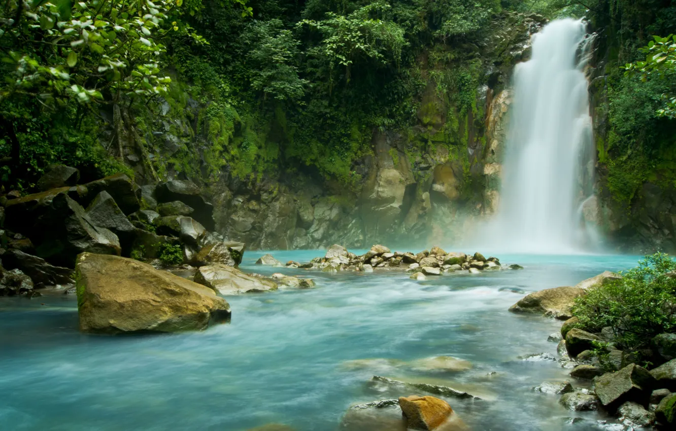 Фото обои зелень, камни, водопад, Коста-Рика