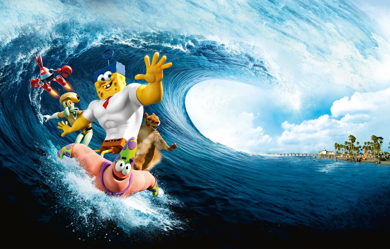 Фото обои океан, волна, Губка Боб, The SpongeBob Movie, Sponge Out of Water, The SpongeBob Movie: Sponge …