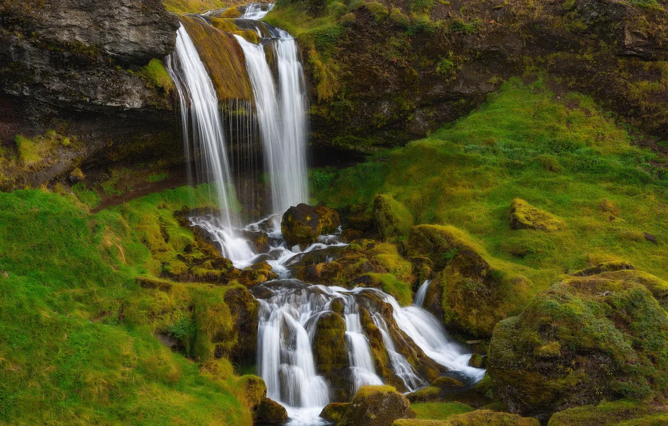 Фото обои скалы, водопад, поток, Исландия