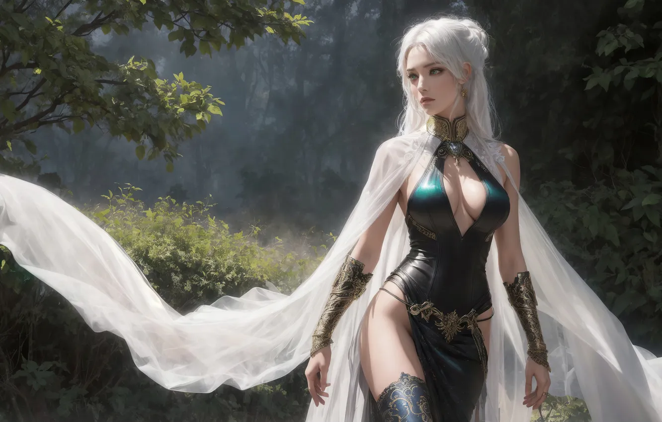 Фото обои girl, fantasy, nature, art, painting, fantasy art, white hair, fantasy girl