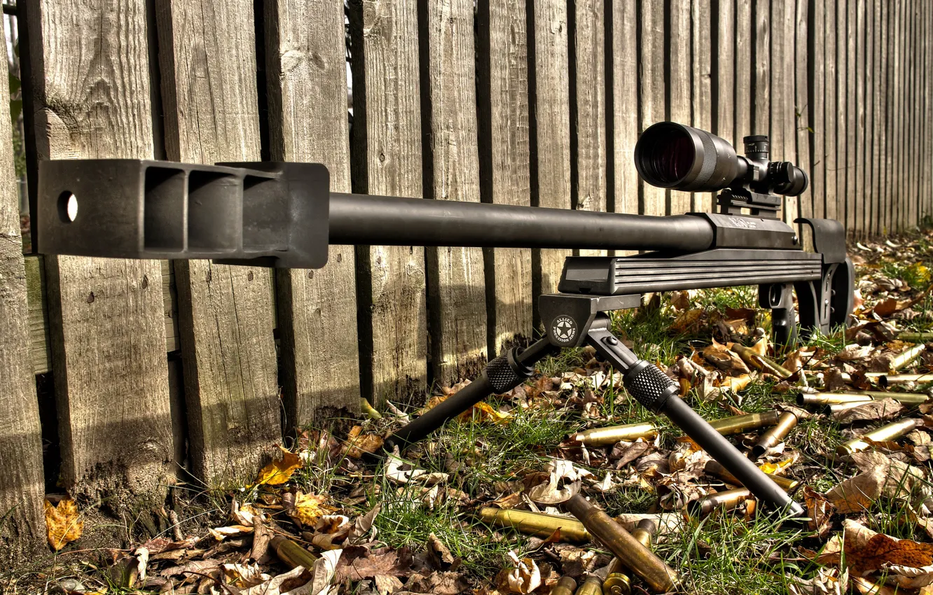 Фото обои листья, забор, HDR, винтовка, снайперская, крупнокалиберная, Armalite AR-50