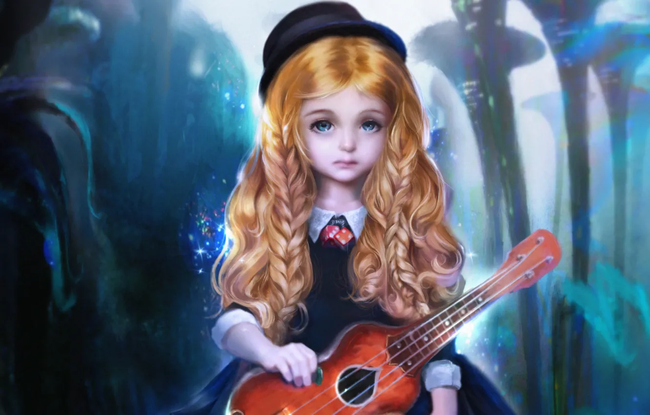 Фото обои гитара, шляпа, арт, девочка, косы