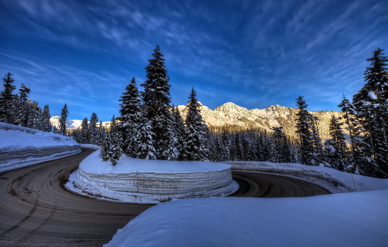 Фото обои зима, дорога, пейзаж, горы