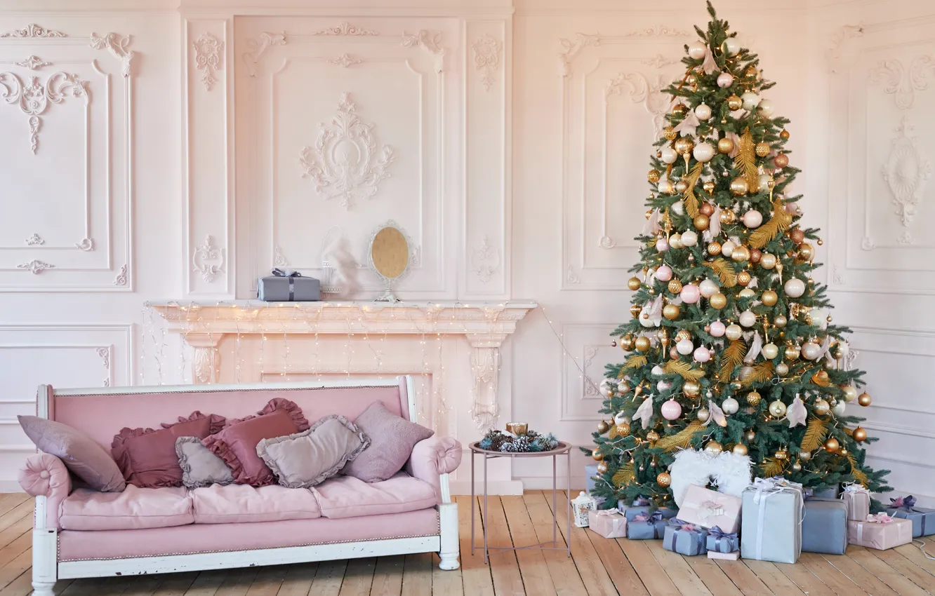 Фото обои дом, праздник, елка, Рождество, подарки, украшение, гостиная, декор