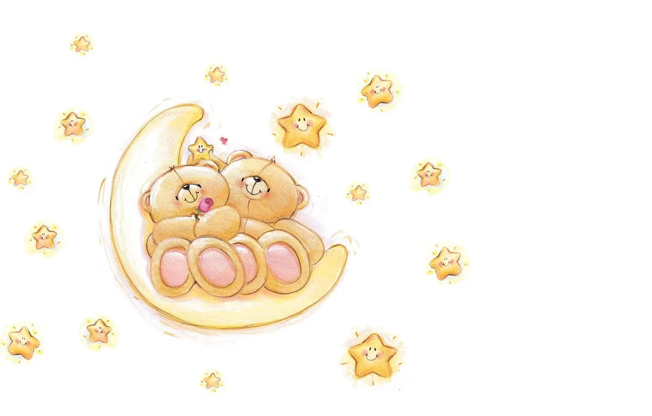 Фото обои звезды, ночь, настроение, луна, романтика, арт, мишка, пара