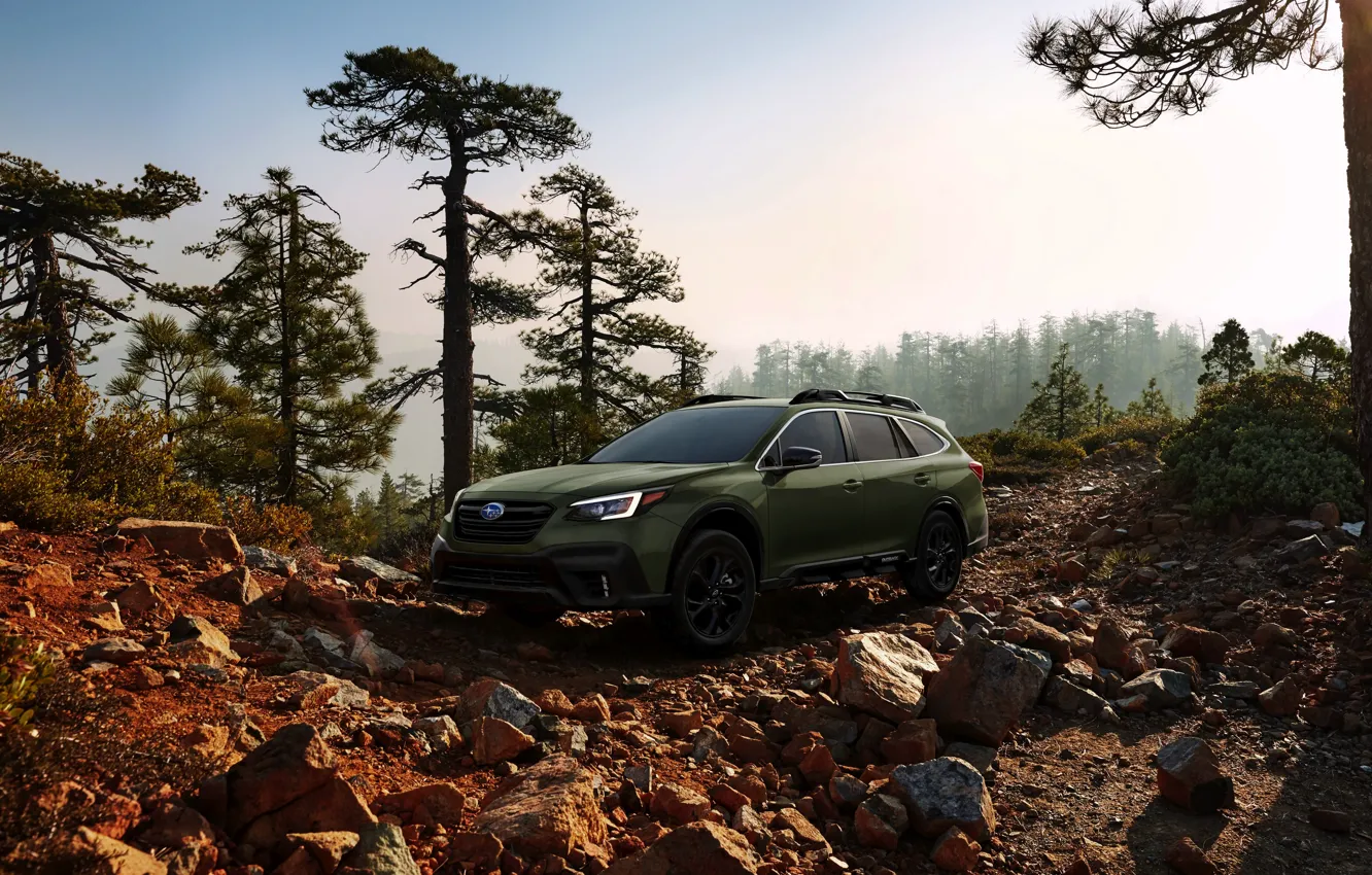 Фото обои деревья, камни, Subaru, универсал, Outback, AWD, 2020