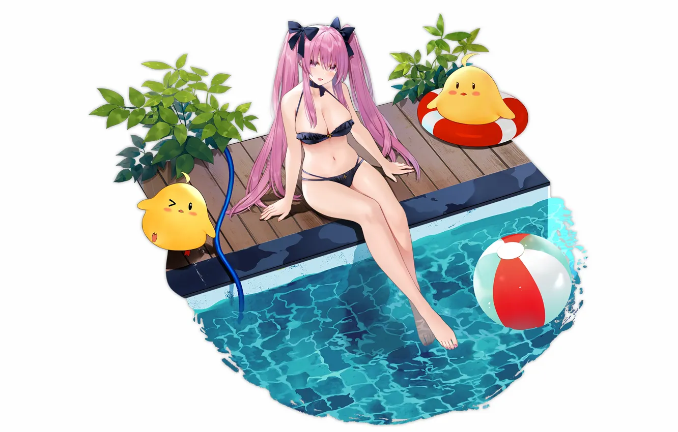 Фото обои girl, sexy, pool, cleavage, pink hair, long hair, boobs, anime