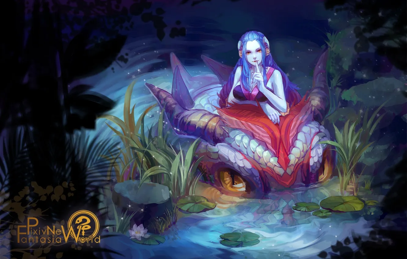 Фото обои вода, девушка, цветы, ночь, дракон, аниме, арт, рога