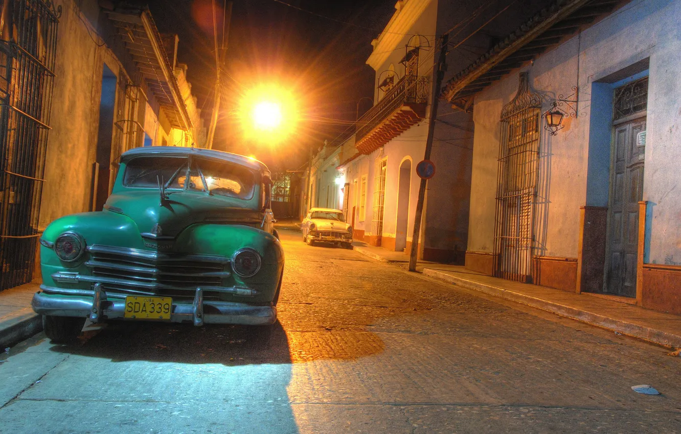 Фото обои машина, ночь, ретро, обои, улица, старый, автомобиль, куба