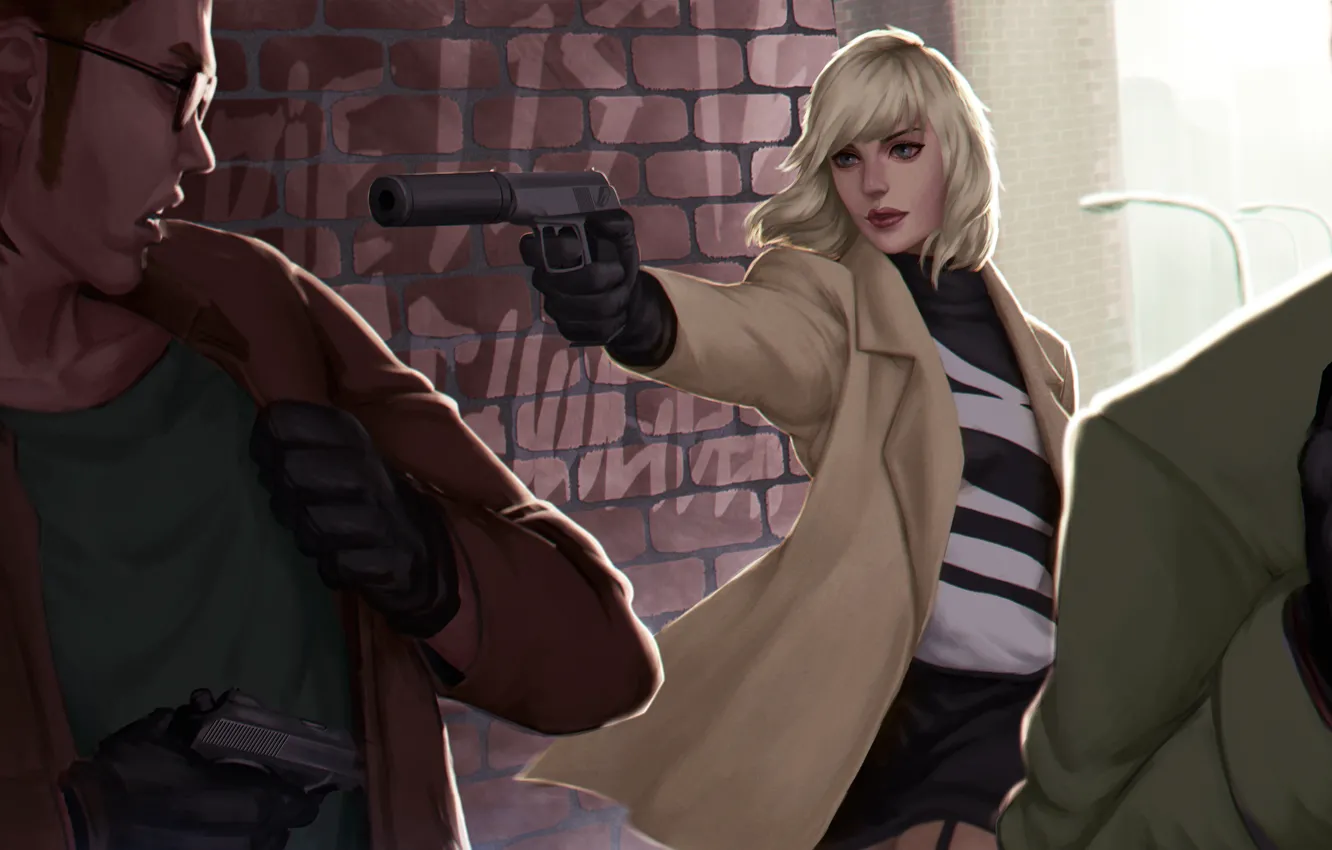 Фото обои девушка, пистолет, Charlize Theron, арт, блондинка, убийца, мужчины, глушитель