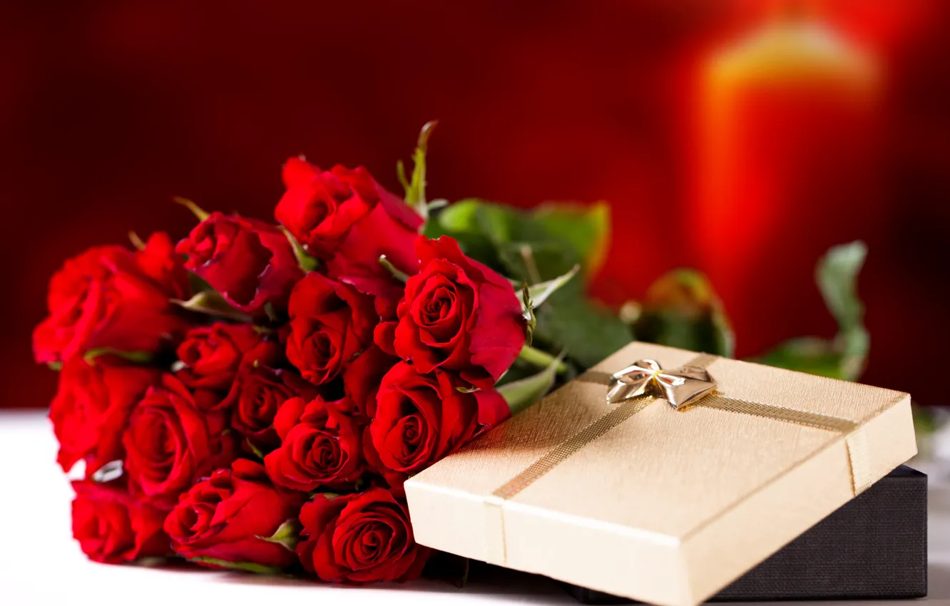 Фото обои цветы, праздник, подарок, розы, букет, красные розы
