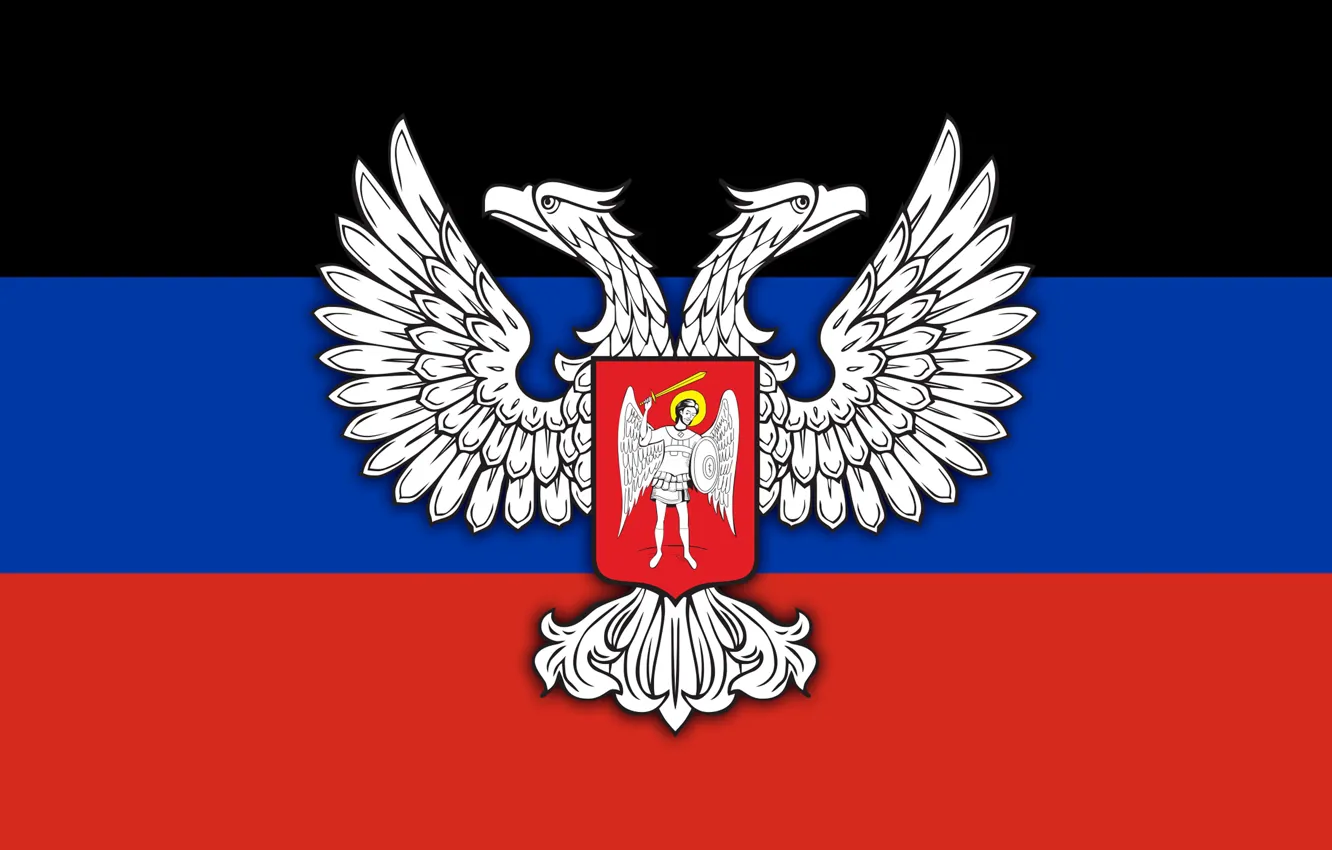 Фото обои Флаг, Орел, Герб, Донецкая Народная Республика, ДНР, Святой Архистратиг Михаил, Серебряный двуглавый орел
