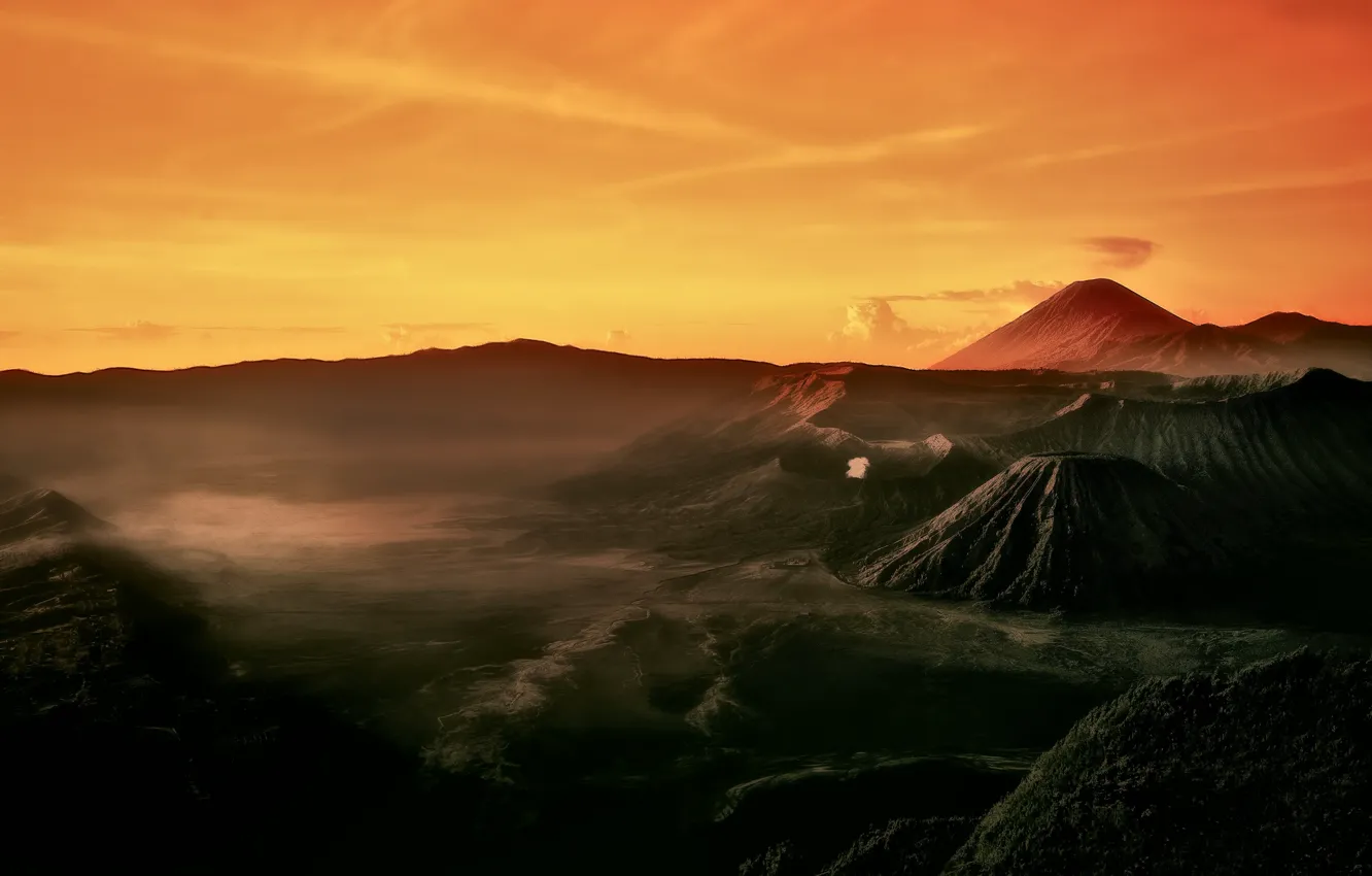 Фото обои утро, Индонезия, Ява, Tengger, вулканический комплекс-кальдеры Тенгер, действующий вулкан Бромо