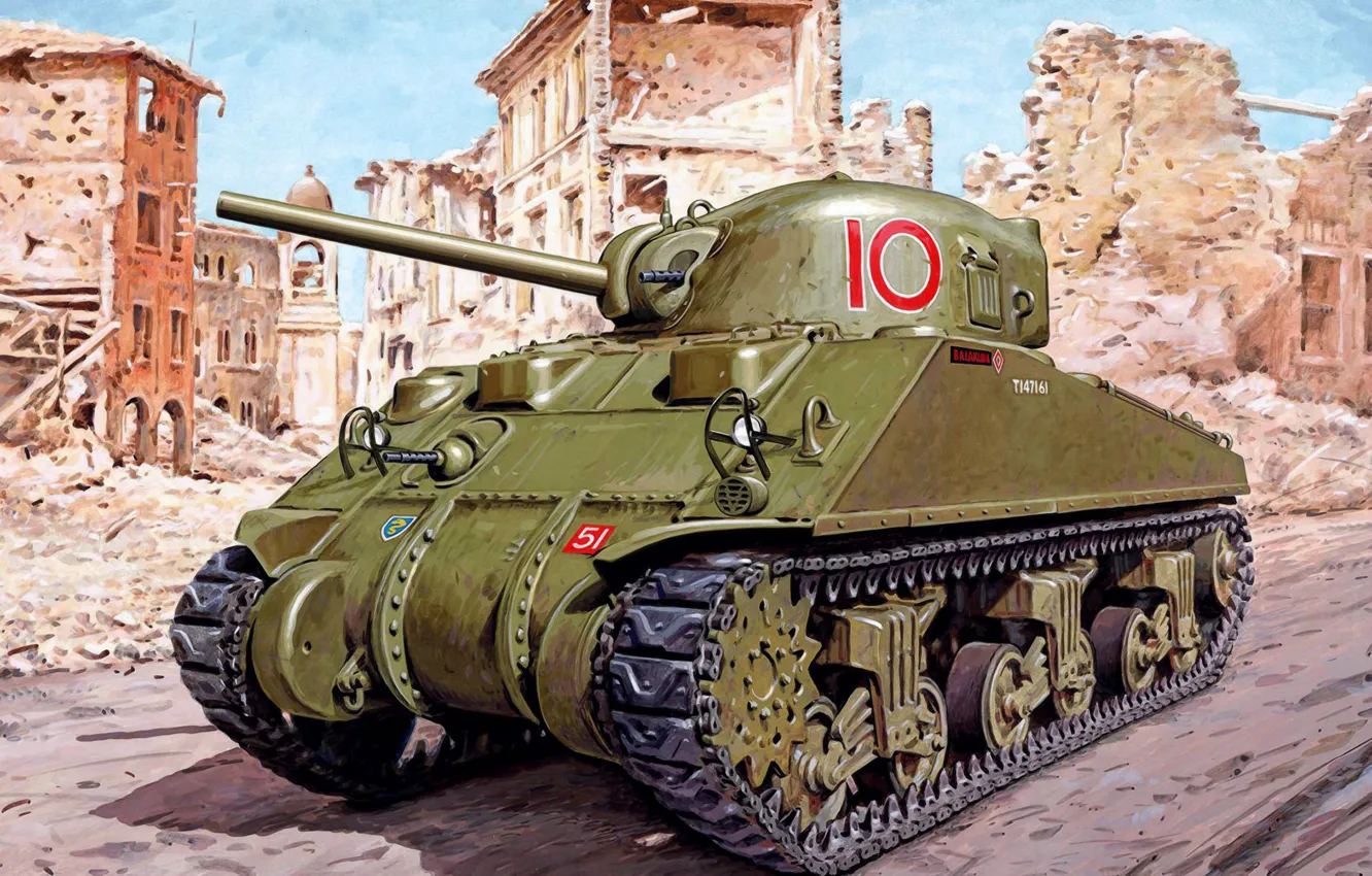 Фото обои art, painting, tank, ww2, M4A4 Sherman
